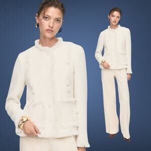 MANGO Pocket Cream Boucle' Fringe Tweed jacket Women's Blazer M (4) REF17087813